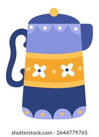 bule de cerâmica azul e laranja com um padrão floral e elementos decorativos está em pé sobre um fundo branco, mostrando seu design exclusivo e artesanato
