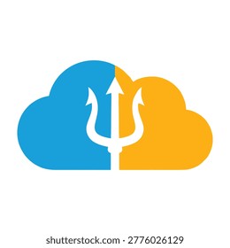 A blue and orange cloud with a white trident symbol, representing devilish cloud storage concept