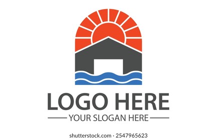 Blue and Orange Color Home with Sun and Sea Logo Design