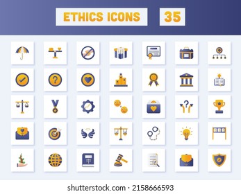 Blue And Orange Color Set Of Ethics Sqaure Icons In Flat Style.