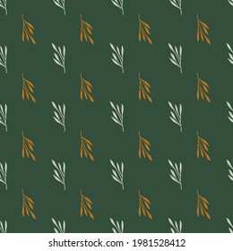 Blue and orange colored leaf silhouettes seamless doodle pattern. Green background. Simple style. Vector illustration for seasonal textile prints, fabric, banners, backdrops and wallpapers.