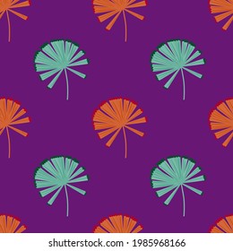 Blue and orange colored palm licuala hand drawn seamless pattern. Purple bright background. Decorative backdrop for fabric design, textile print, wrapping, cover. Vector illustration.