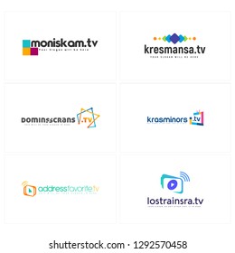 Blue orange colorful line art square connection television triangle combination mark logo design vector suitable for technology industrial entertainment