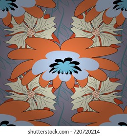Blue and orange colors vector seamless pattern with many flowers.