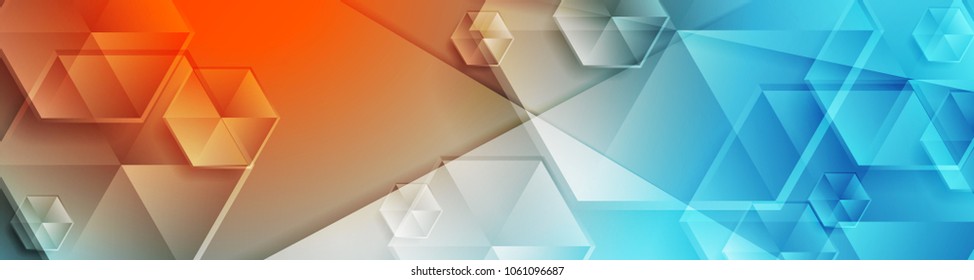 Blue and orange concept web banner with glossy hexagons. Geometric background, tech header vector design