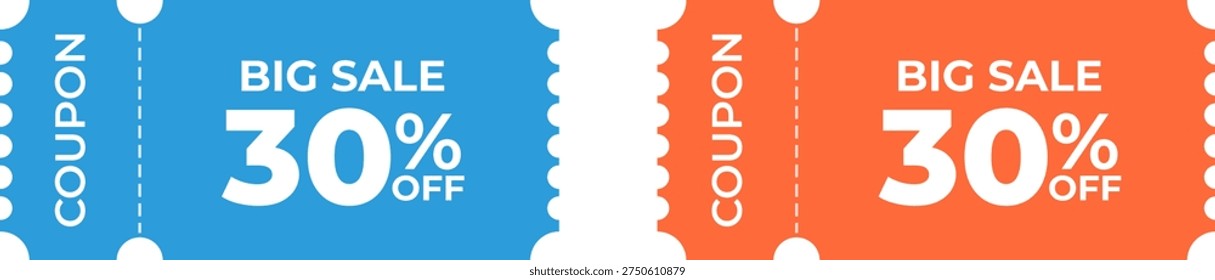 Blue and orange coupon templates for 30 percent off and big sale discounts