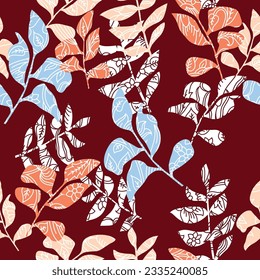 blue orange and cream seamless vector stock leaf pattern on red background