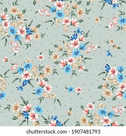 blue orange and cream small vector flowers with leaves pattern on green background