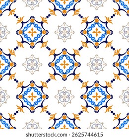 Blue and orange damask seamless pattern illustration in traditional style. Portuguese tile azulejo. Graphic ornate pattern for tiles, wallpaper, backdrops, fabric, and textiles.