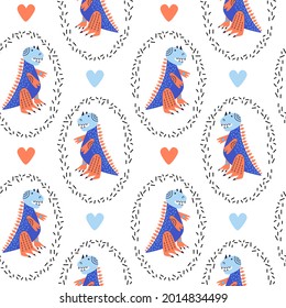 Blue with orange dino in a white background. Colored heart. For printing on fabric and boomeg. To decorate the nursery.