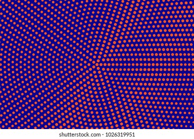 	
Blue orange dotted halftone. Centered radial dotted gradient. Half tone vector background. Artificial texture. Red dots on blue backdrop. Modern pop art design template. Neon halftone texture