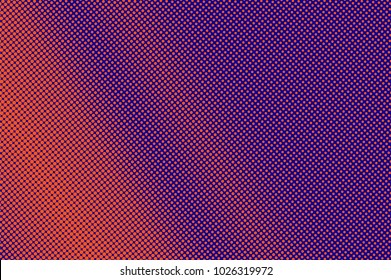 	
Blue orange dotted halftone. Diagonal grunge dotted gradient. Half tone vector background. Artificial texture. Red dots on blue backdrop. Modern pop art design template. Neon halftone texture