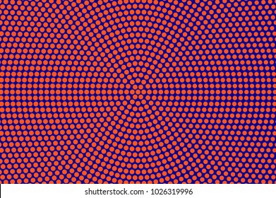 	
Blue orange dotted halftone. Round oversized dotted pattern. Half tone vector background. Artificial texture. Red dots on blue backdrop. Modern pop art design template. Neon halftone texture