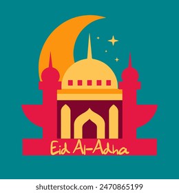 A blue and orange drawing of a building with a moon and stars above it. The building is a mosque and the drawing is for Eid al-Adha