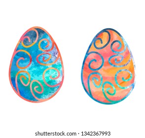 Blue and orange Easter eggs with tracery and texture