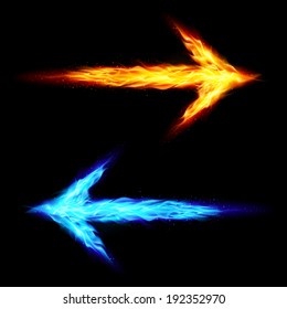 Blue and orange fire arrows pointing in opposite directions on black background