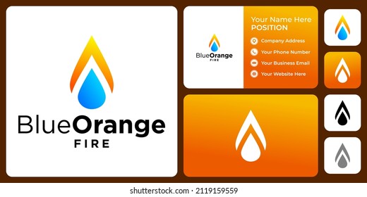 Blue orange fire logo design with business card template.

