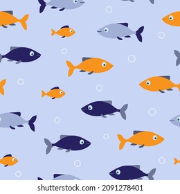 Blue and orange fishes seamless pattern with bubbles on blue background. Good for textile, paper, background, scrapbooking. Vector illustration 