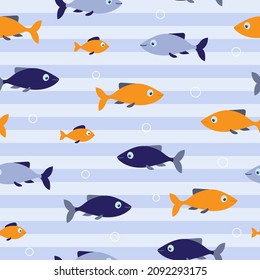 Blue and orange fishes seamless pattern on striped blue background. Good for textile, paper, background, scrapbooking. Vector illustration