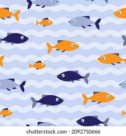 Blau und Orange fischen nahtlose Muster auf blauem Hintergrund mit Wellen. Gut für Textilien, Papier, Hintergrund, Scrapbooking. 