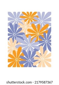Flores planas azules y anaranjadas vectores de afiches de arte en la pared. Ilustración geométrica floral contemporánea. Papel tapiz, estampado de camisetas, decoración del hogar, tarjeta, invitación, banner, portada o diseño de paquete.