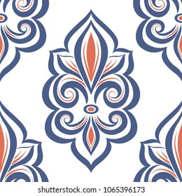 Blue and orange fleur de lis seamless pattern. Vintage royal , heraldic lilly. Ornament. Turkish, Indian motifs. Great for fabric and textile, flyer, banner, business cards, wallpaper, packaging