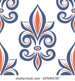 Blue and orange fleur de lis seamless pattern. Vintage royal , heraldic lilly. Ornament. Turkish, Indian motifs. Great for fabric and textile, flyer, banner, business cards, wallpaper, packaging