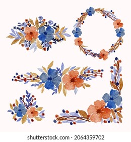 Blue Orange Floral Arrangement Watercolor Hand Drawn Collection