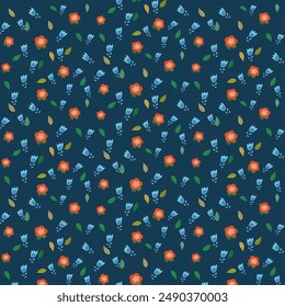 A blue and orange floral pattern with green leaves. The flowers are in various sizes and colors, including blue, orange, and green. The pattern is full of detail and he is a vibrant and lively design