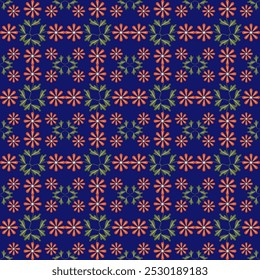 A blue and orange floral pattern with green leaves. The flowers are arranged in a way that creates a sense of movement and depth. Scene is cheerful and lively, with the bright colors of the flowers