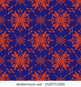 A blue and orange floral patterned fabric. The blue background is a deep ocean blue color. The orange flowers are large and spread out across the fabric. The pattern is very intricate and detailed