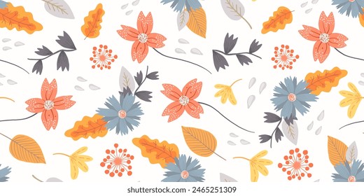 Blue and orange floral seamless pattern with hand drawn daisy flowers and leaves. Cute folk drawing red and gray bouquets of blossoms and herbs print for textile, wrapping paper, surface, wallpaper