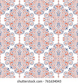 Blue and orange floral seamless pattern. Ornament, paisley elements. Traditional, Ethnic, Turkish, Indian motifs. Great for fabric and textile, wallpaper, packaging or any desired idea. 