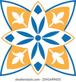 Blue and orange floral star pattern, a stunning decorative tile design for walls, fabrics, and digital backgrounds