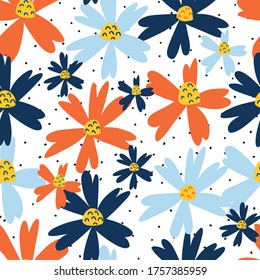 Blue and orange flowers seamless repeating vector pattern. Florals on a black and white spotted background. Scandinavian style flowers for fabric, packaging, home decor