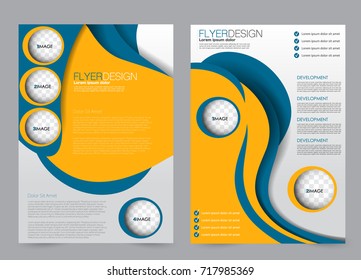 Blue and orange flyer design template. Brochure abstract background for business, education, presentation, advertisement. Corporate identity style concept. Editable vector illustration.