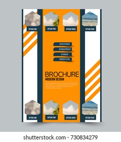 Blue and orange flyer design template with built in images. Brochure for business, education, presentation, advertisement. Corporate identity style concept. Editable vector illustration.