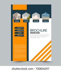 Blue and orange flyer design template with built in images. Brochure for business, education, presentation, advertisement. Corporate identity style concept. Editable vector illustration.