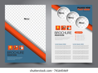 Blue and orange flyer template design. Brochure abstract background for business, education, presentation, advertisement. Corporate identity style concept. Editable vector illustration.
