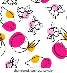 Blue and Orange Fruit Vector White Seamless Pattern. Summer Apricot and Lime Background. Yellow and Pink Orange and Berry Drawing Illustration.