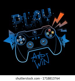 Blue And Orange Gamepad Illustration With Pixel Text Play And Graffiti Stars On Black Background.  Gamer Elements For Boy T Shirt Design