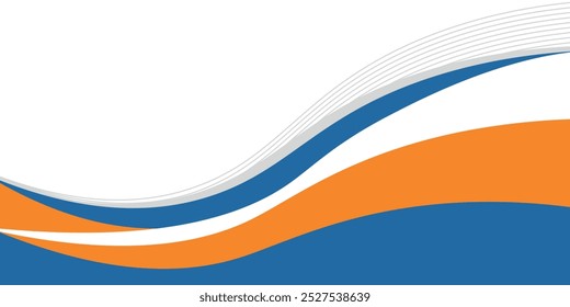 Diseño de Anuncio de negocios geométrico azul y naranja. Diseño de Anuncio creativo con Formas ondulatorias y líneas para la Plantilla. Diseño simple en Anuncio Horizontal blanco.