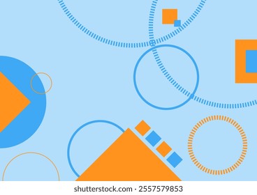Blue and orange geometric of circles and square shapes on a blue background. For the backdrop, banner and website. 