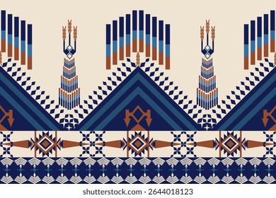 Blue and orange Geometric pattern, ethnic vector , on background. Geometric pattern featuring symmetrical designs with triangles, diamonds, and vertical lines. Dominant colors are blue, brown, and bei