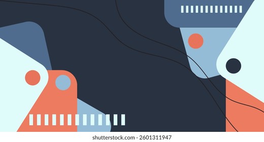Blue and orange geometric shapes abstract 3D background design. Creative design with overlap square shapes and lines for template. Simple design on bright colorful horizontal banner
