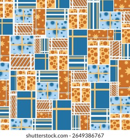 Padrão sem emenda da grade da caixa de presente azul e laranja. Perfeito para arte e artesanato, papel digital, impressão de tecido, impressão têxtil, embalagem, scrapbooking, papel presente, fundo e muito mais.
