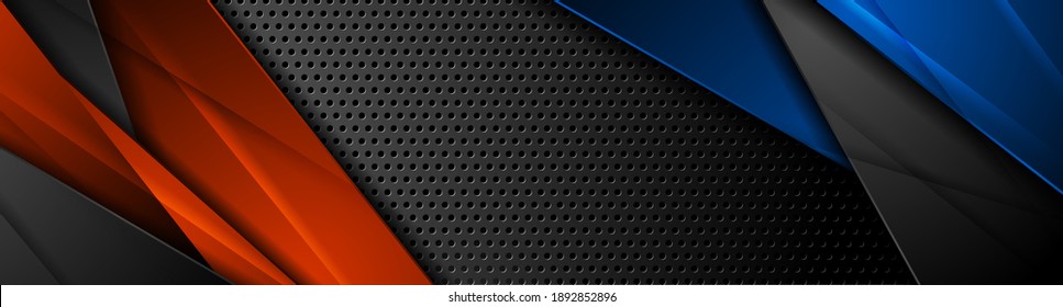 Blue and orange glossy lines on dark perforated background. Vector banner design