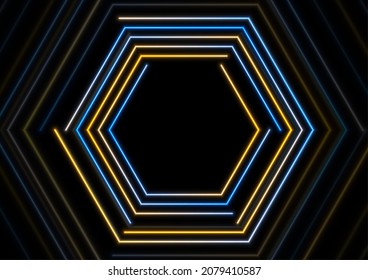 Blue and orange glowing neon hexagonal frame abstract background. Vector design