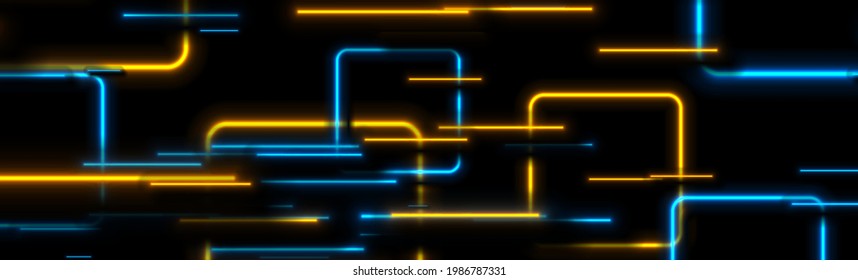 Blue orange glowing neon laser lines and squares abstract background. Vector technology futuristic banner design