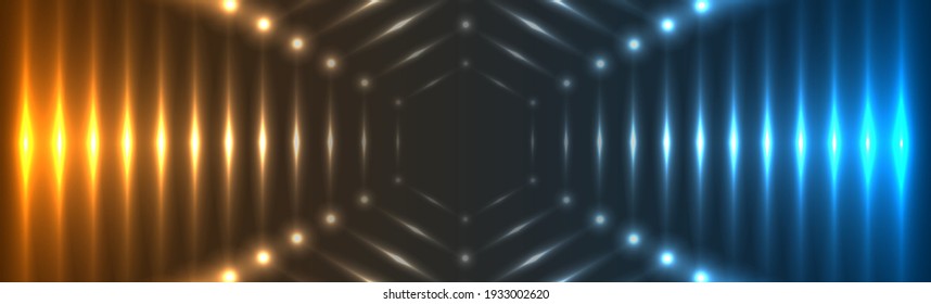 Blue Orange Glowing Neon Tech Hexagons Abstract Background. Vector Banner Design